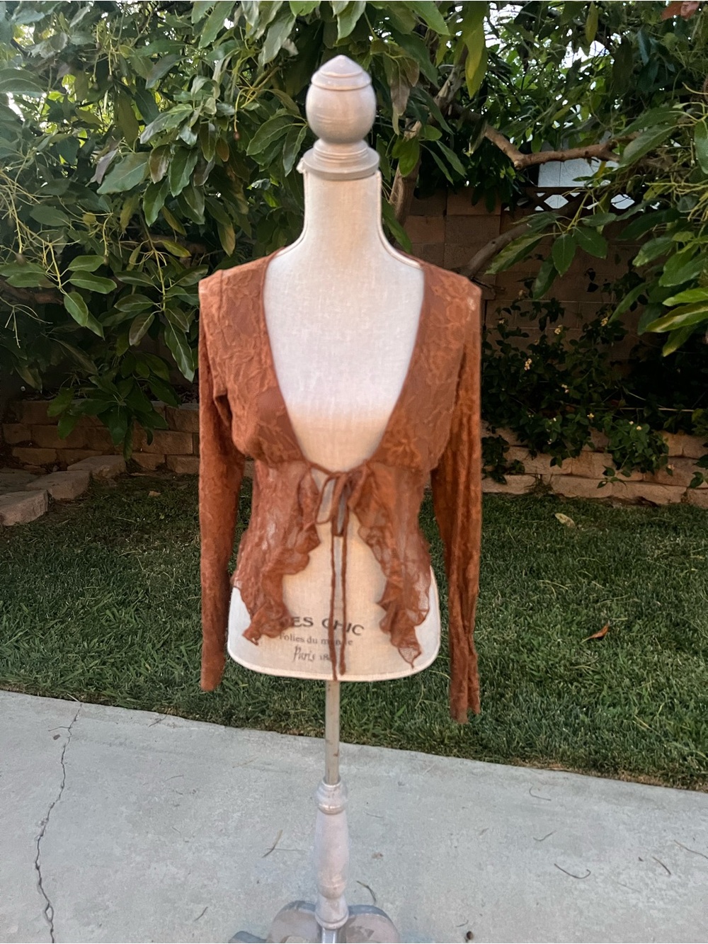 Brown Sheer Ruffle Front Tie Cardigan